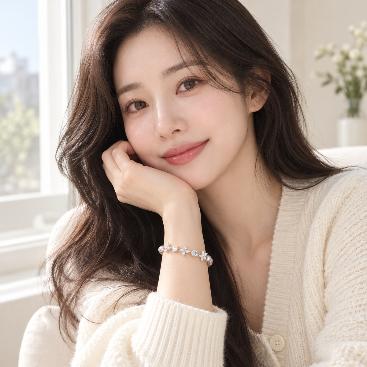 진주 클로버 팔찌｜은은한 그레이 진주와 반짝이는 네잎클로버 포인트